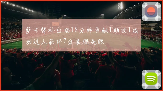 萨卡替补出场18分钟贡献1助攻1成功过人获评7分表现亮眼